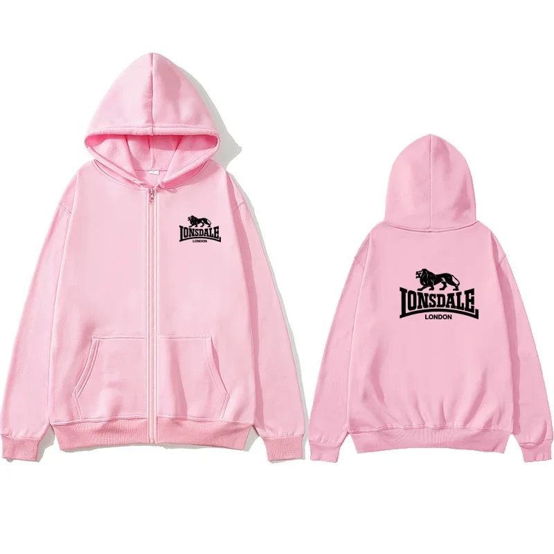 LONSDALE-Sudadera con capucha y cremallera para hombre y mujer, suéter holgado de manga larga con estampado, estilo perezoso, pr