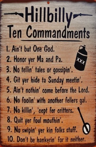 Metal Plate Sign Funny Hillbilly Ten Commandments Red  Cave Wall Decor Novelty