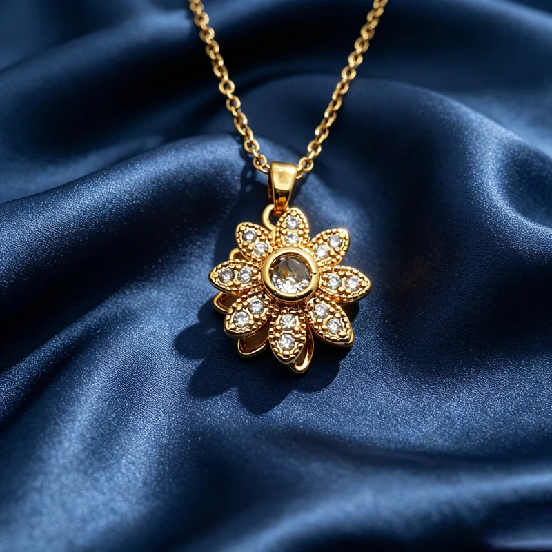 Fashion 360° Rotating Gold Plated Flower CZ Pendant Necklace, Shiny Zircon Decompression Jewelry For Women Birthday Party Gift