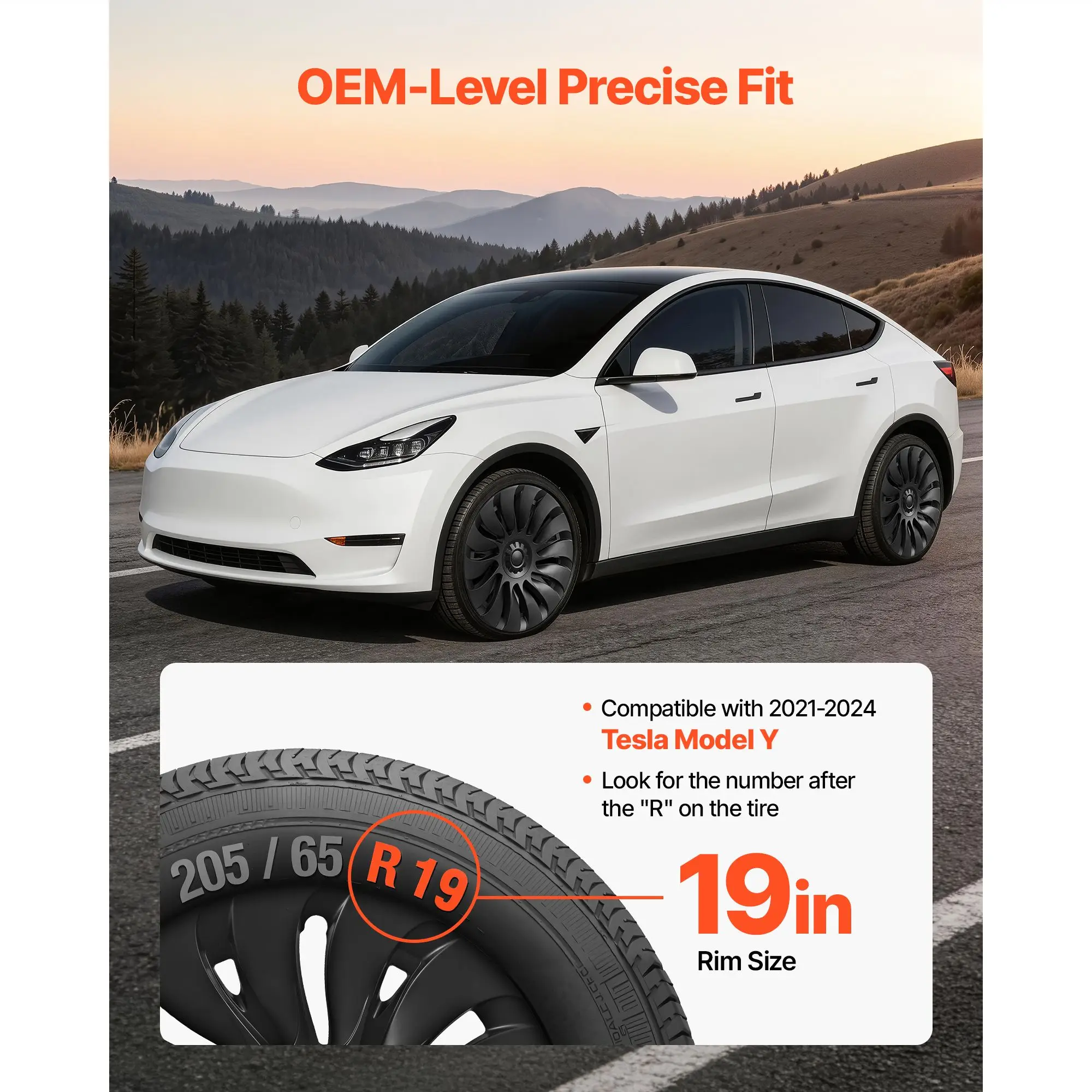 Hubcaps Wheel Covers for 2021-2024 Tesla Model Y, 19 Inch Set of 4 Rim OEM Style Replacement, R19 Size Snap On Car Hub Caps