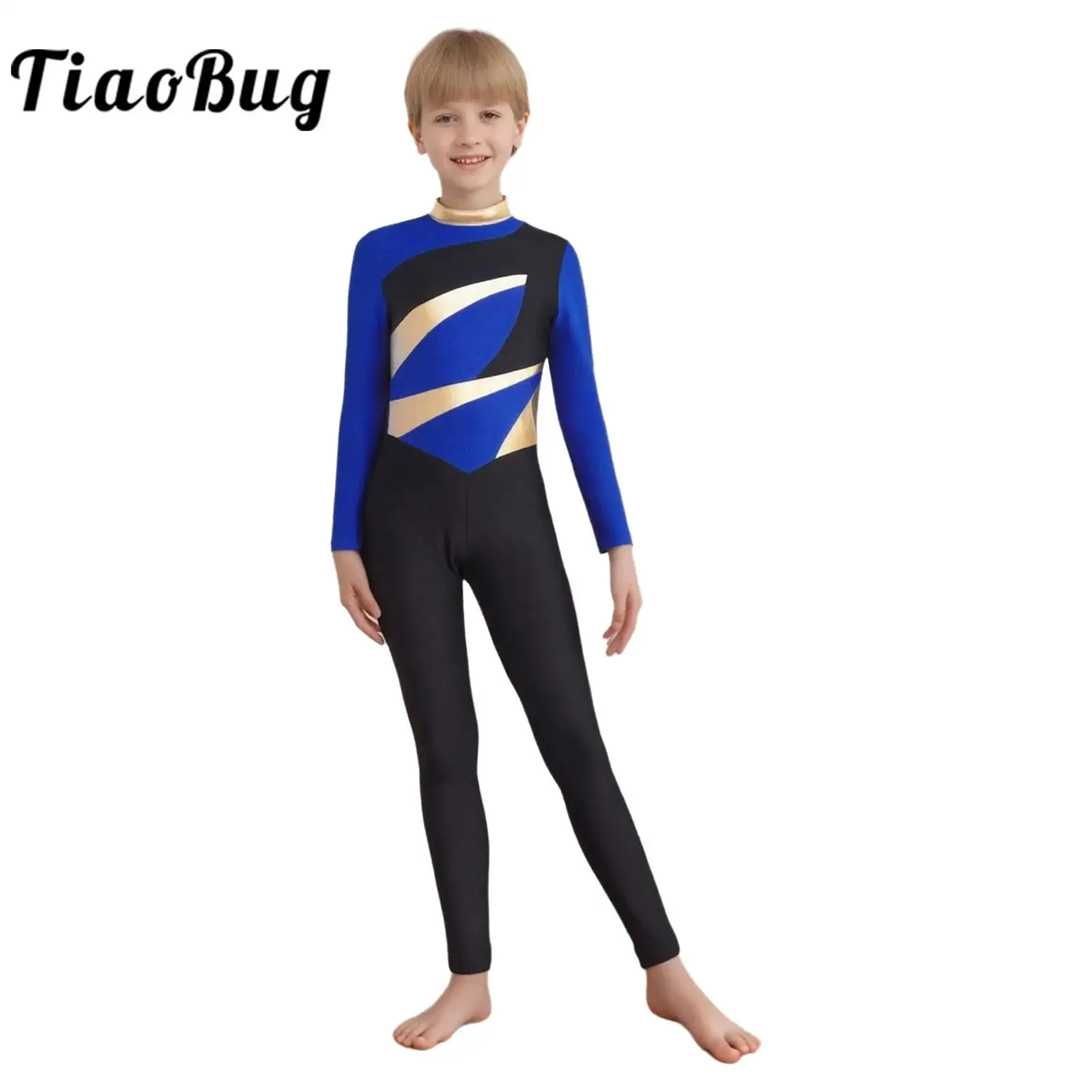 

Kids Boy Skating Gymnastics Dance Jumpsuit Metallic Color Block Stretch Long Sleeve Leotard Unitard Catsuit Full Length Bodysuit