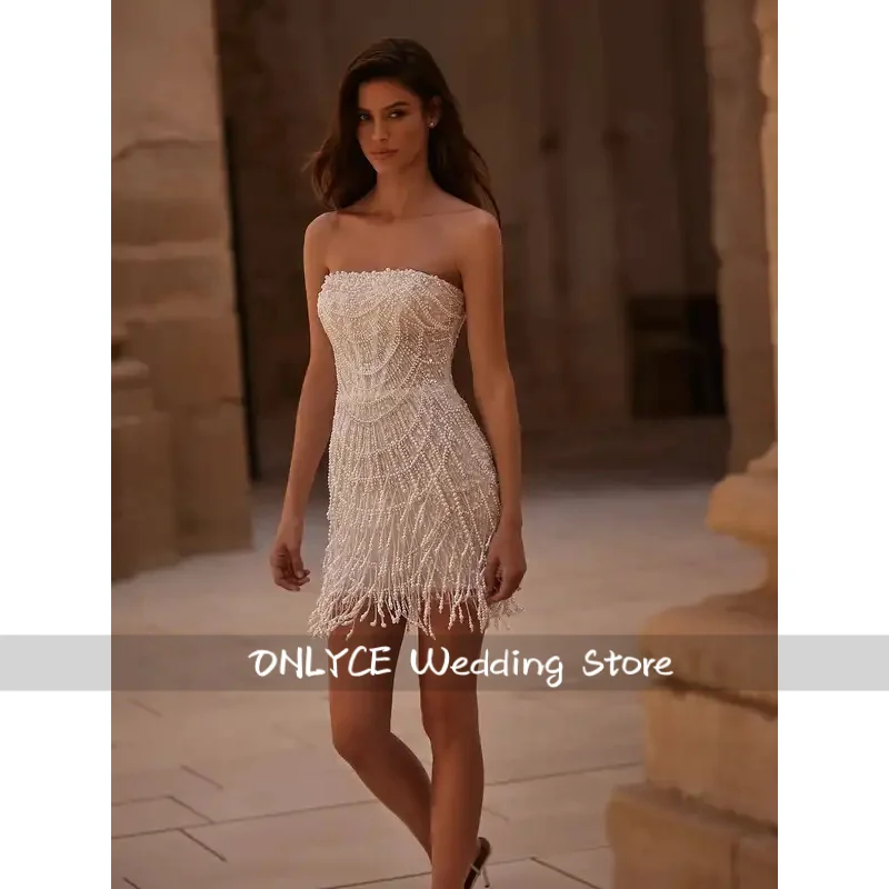 Customized Luxury Pearls Tassel Cocktail Dress Shining Sequins Strapless Mini Evening Dresses Above Knee Robe De Soiree New