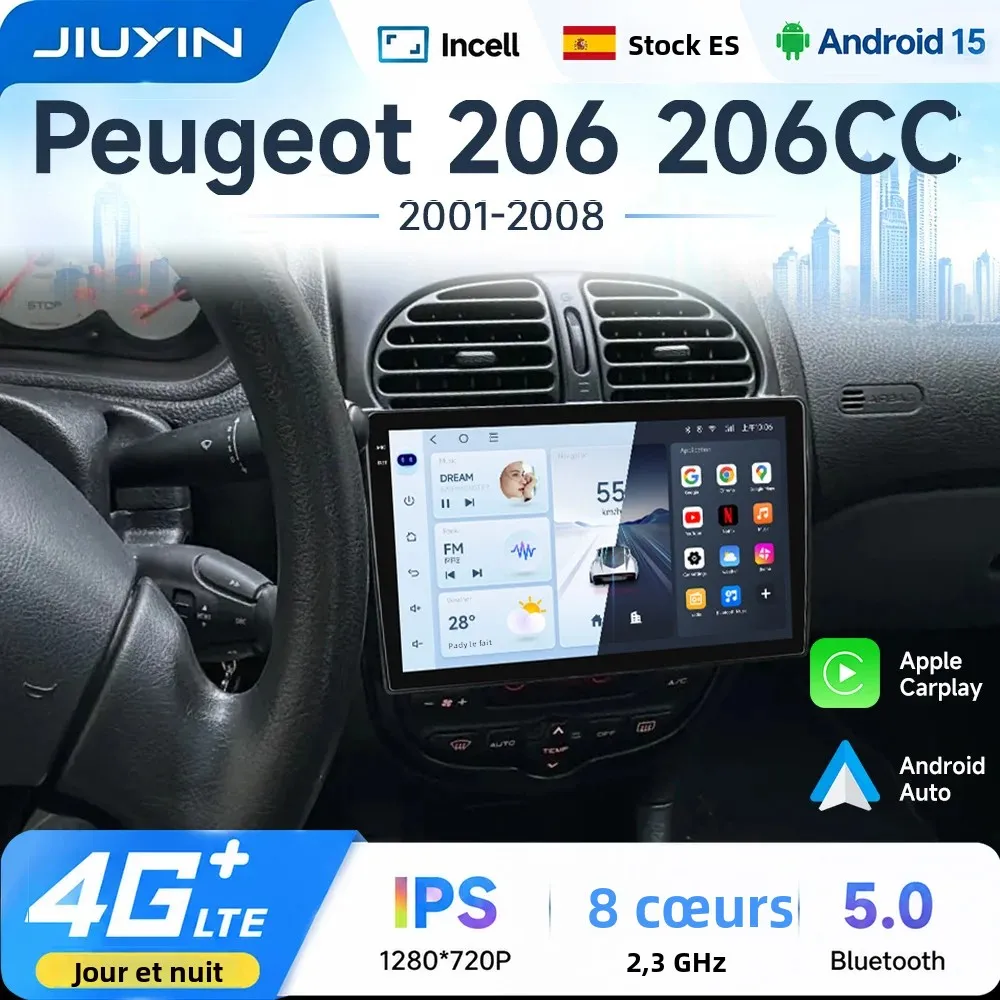 JIUYIN – autoradio Android 9 pouces, lecteur vidéo multimédia sans fil, Carplay, Navigation GPS, stéréo, pour Peugeot 206 206CC 206SW 2001 – 2008