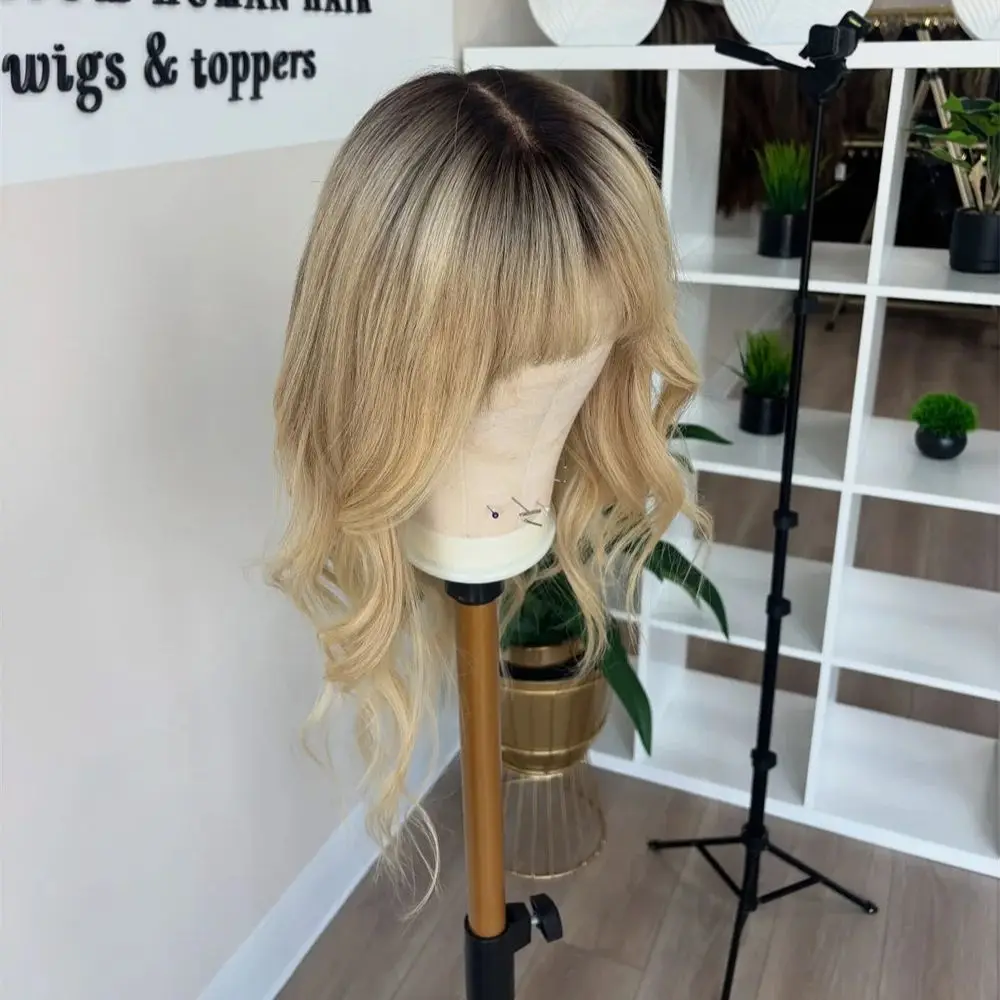 

Blonde Wig With Bangs Shoulder Wavy Curly Ombre Wig w Dark Roots Synthetic Heat Resistant Wigs for Women Daily Party Use 16inch