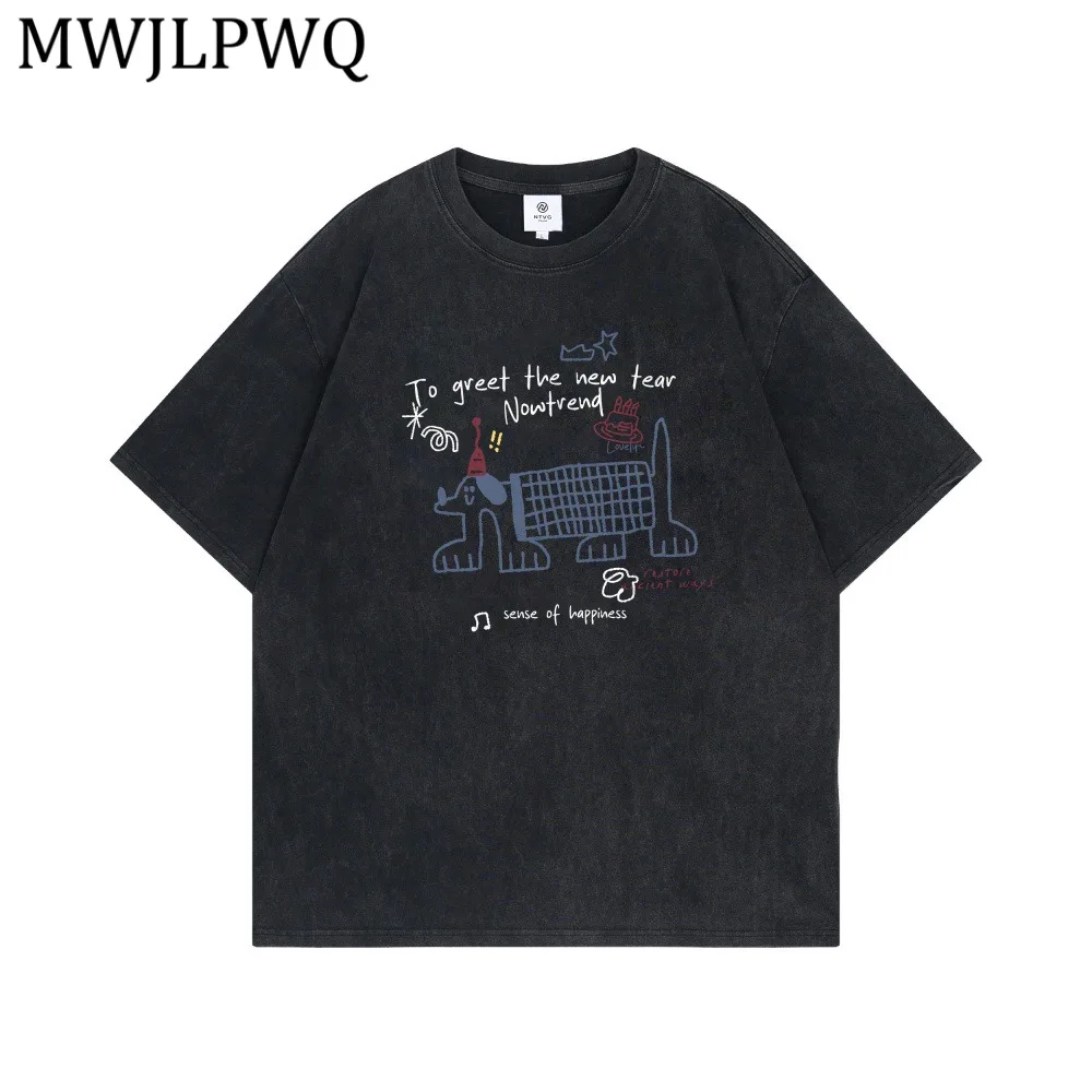 

MWJLPWQ High Street Printed Distressed Short-Sleeve T-Shirt For Men Summer Chic New Casual Round-Neck Loose Fit Tops 16395