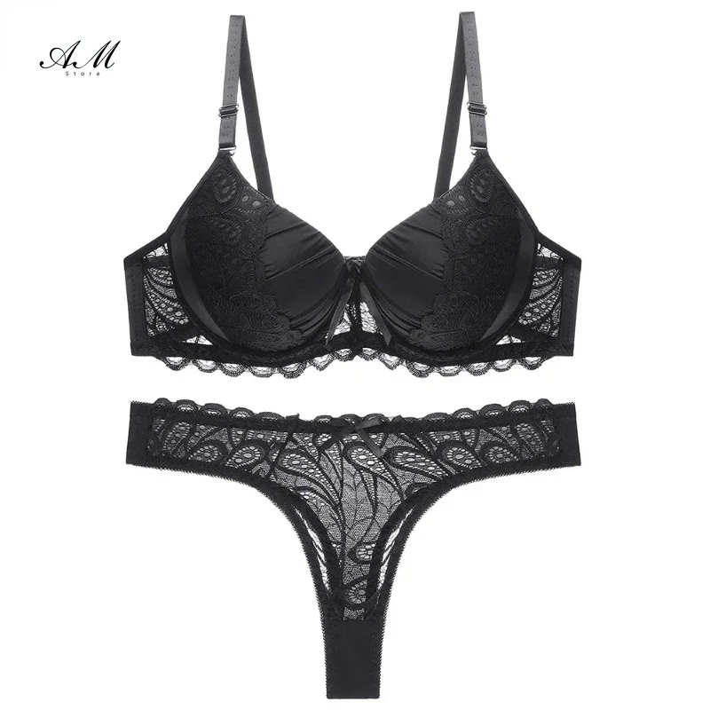 

Sexy Hollow Out Women Bra Set Push Up Solid Lace Bra Brief Sets Intimates Transparent Underwear Panty Set Women's Lingerie