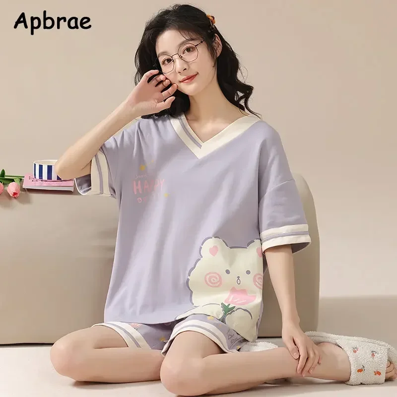 Frauen 100% Baumwolle hochwertige Pyjamas Kurzarm Shorts Sommer Pyjamas Mode Nachtwäsche Kawaii Bär Home Kleidung Nachtwäsche