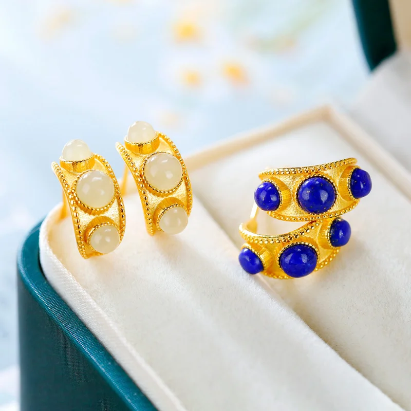 

S925 Silver Gold-Plated Inlaid Lapis Lazuli Hetian Jade Small-Shaped Pea Curved Women'S Ear Hook