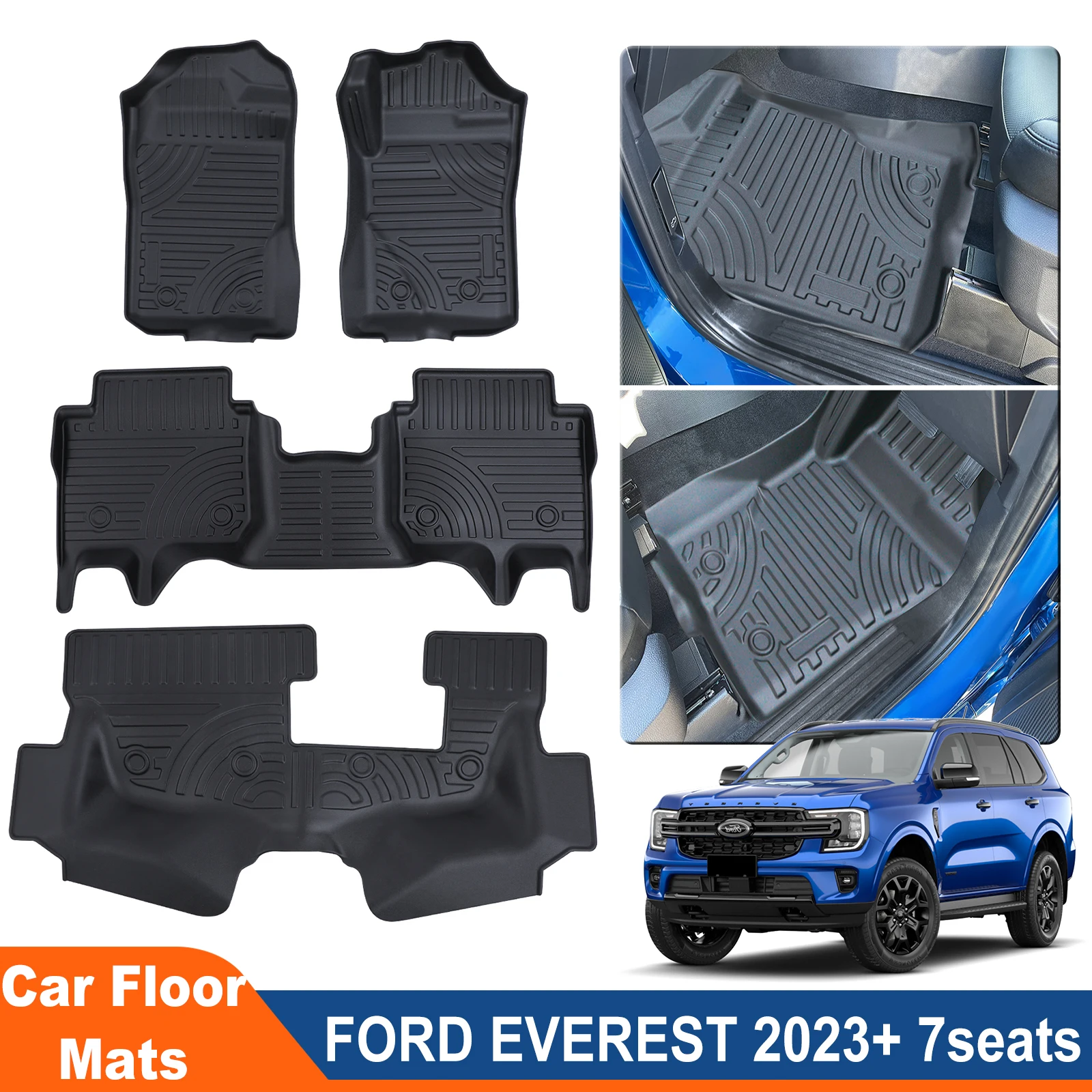 

Автомобильные коврики для NEXT-GEN Ford Everest U704 2023+7-местные коврики TPE 3D, передние и задние комплекты подножек, автомобильные коврики для внедорожников, аксессуары