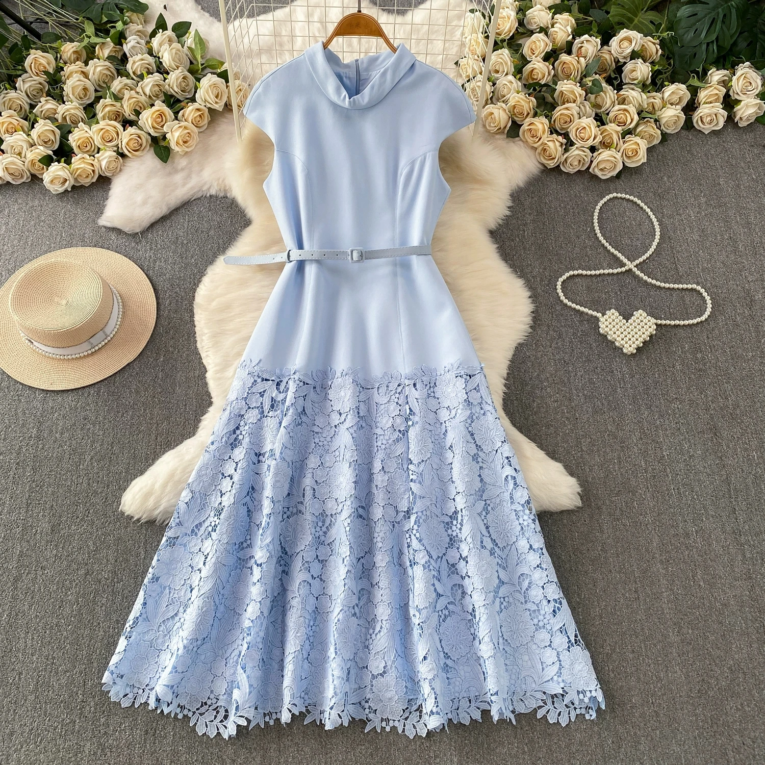Elegant Light Blue Splice Lace Long Dress Stand Collar Cap Sleeve Belted High Waist A Line Formal Wedding Guest Party Vestidos