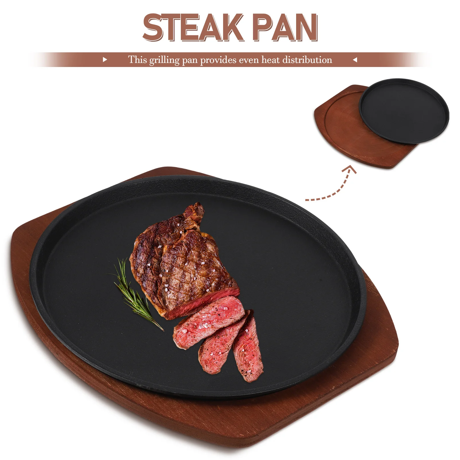 

1 Set Cast Iron Steak Plate Wood Handle Even Heat Cooking Grilling Pan Hot Serving Dish For Family Friends Household