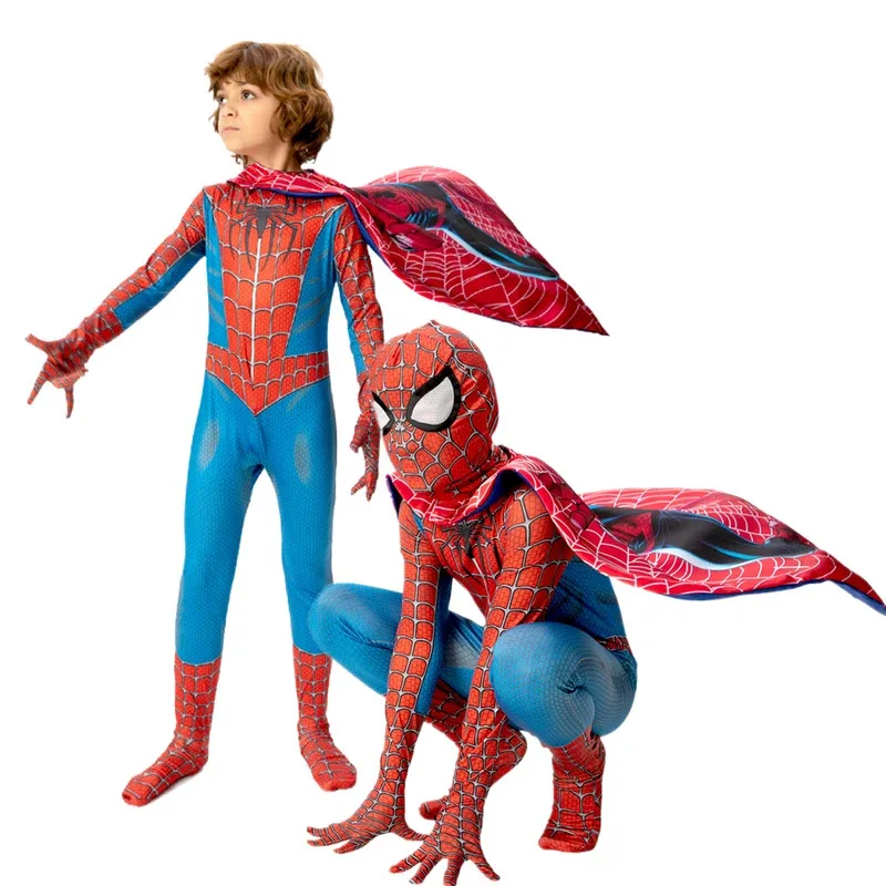 Disfraz de Spiderman para niños de 3 a 10 años, traje de superhéroe Cosplay con capa, mono de fantasía de Spider Man estilo 3D para niños