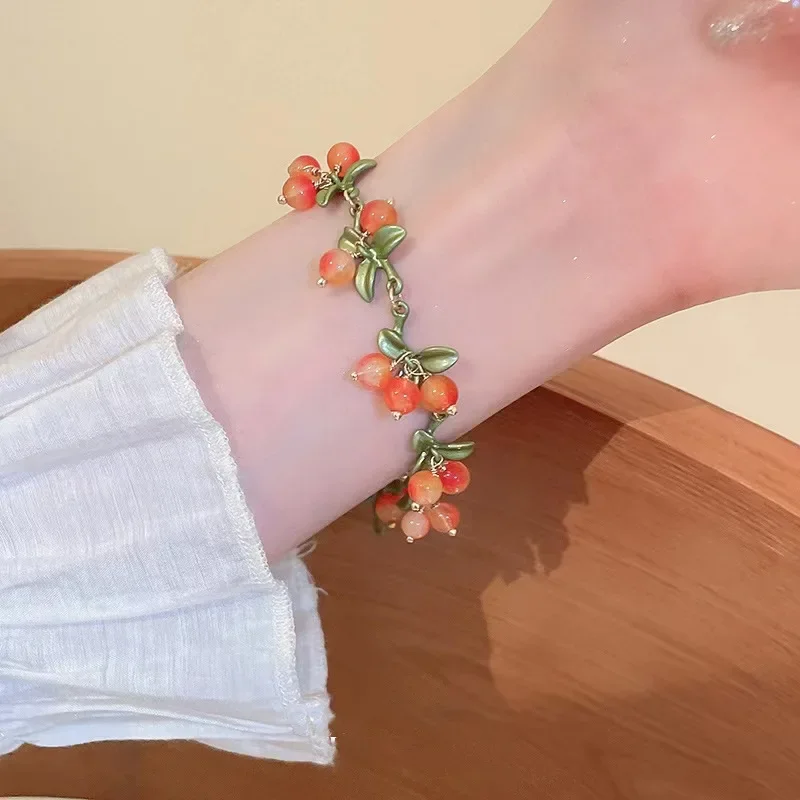 Birthday Jewelry Gift Sweet Orange Beaded Plant Leaves Bracelet Fruit Peach Red Cherry Bracelet Charm for Women Party