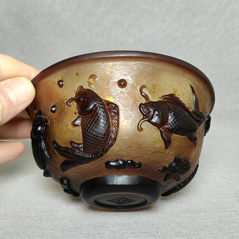 YIZHU CULTUER ART Size 12.7×6.8cm Chinese Old Beijing Glaze Carving Exquisite Fish Statue Bowl Decoration Antique Collection
