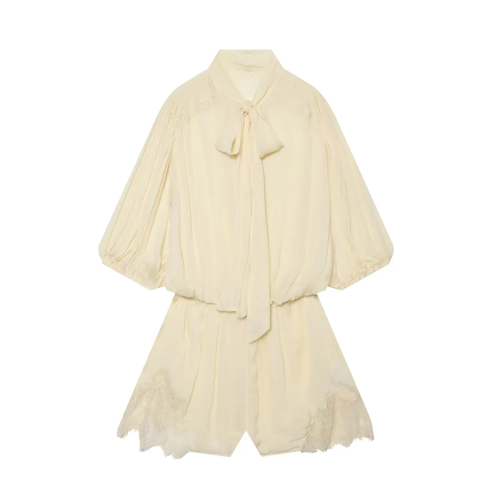 2026 New Summer Womens Chic Trendy Lace Chiffon Patchwork Jumpsuits Lady Vintage Lace-up Bow Elastic Wait Short Playsuits Romper