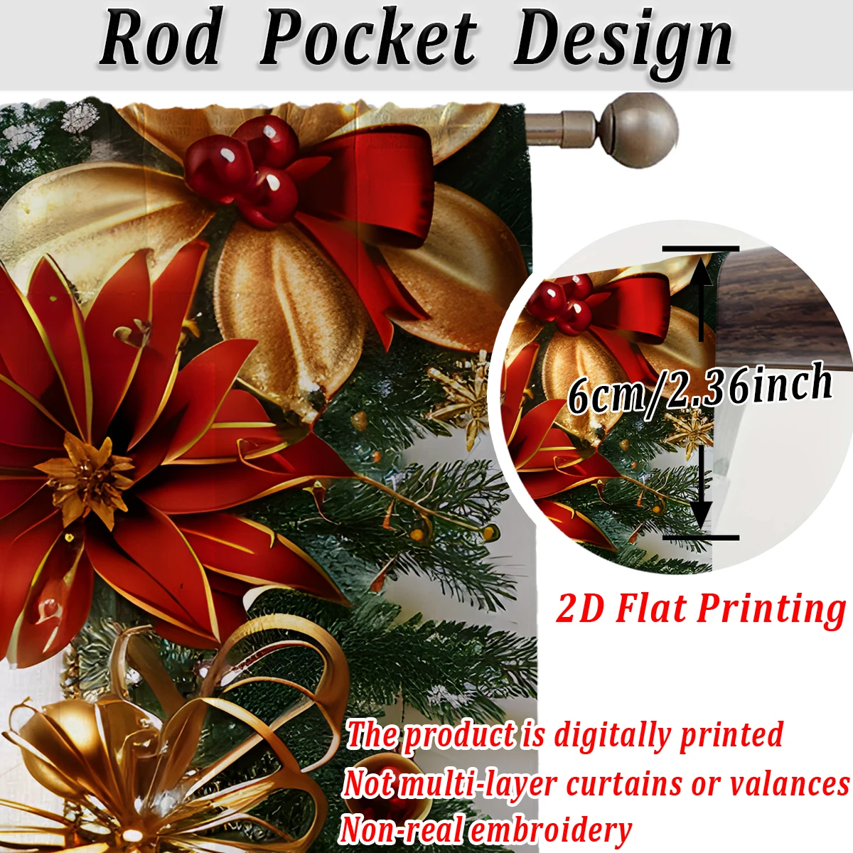 Christmas Flat Printing Sheer Curtain with Luxury Christmas baubles, Poinsettia，for Living Room Bedroom Door Windows Decor