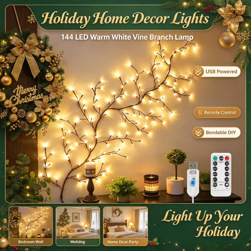 Bendable LED Vine Branch Lights USB Wall Bedroom Ambient Lamp for Home Holiday Party Decor Warm Ambience Atmosphere Light