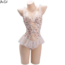 AniLV French Romance Summer Cherry Lace Pajamas Clothes Women Perspective Bodysuit Temperament Lingerie Erotic Costumes