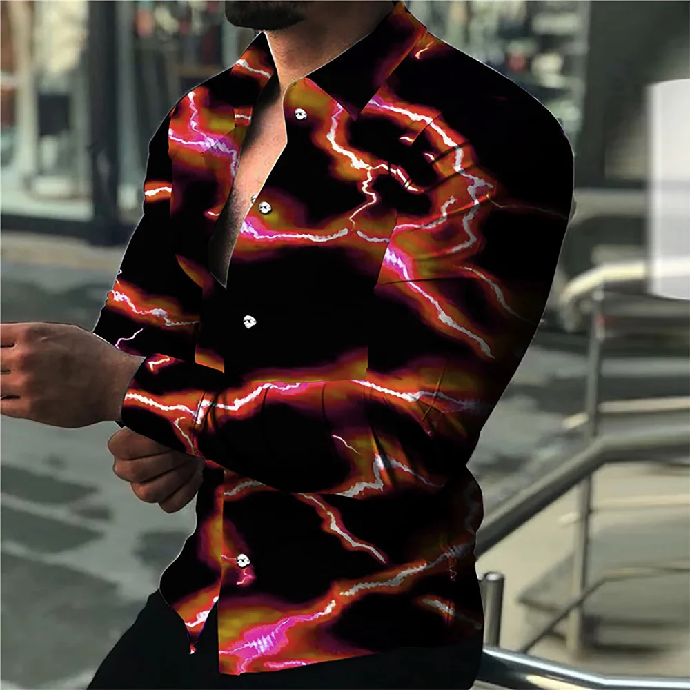 Hot selling men's shirt purple red lightning pattern 3D printing street long sleeved button clothing fashion design casual