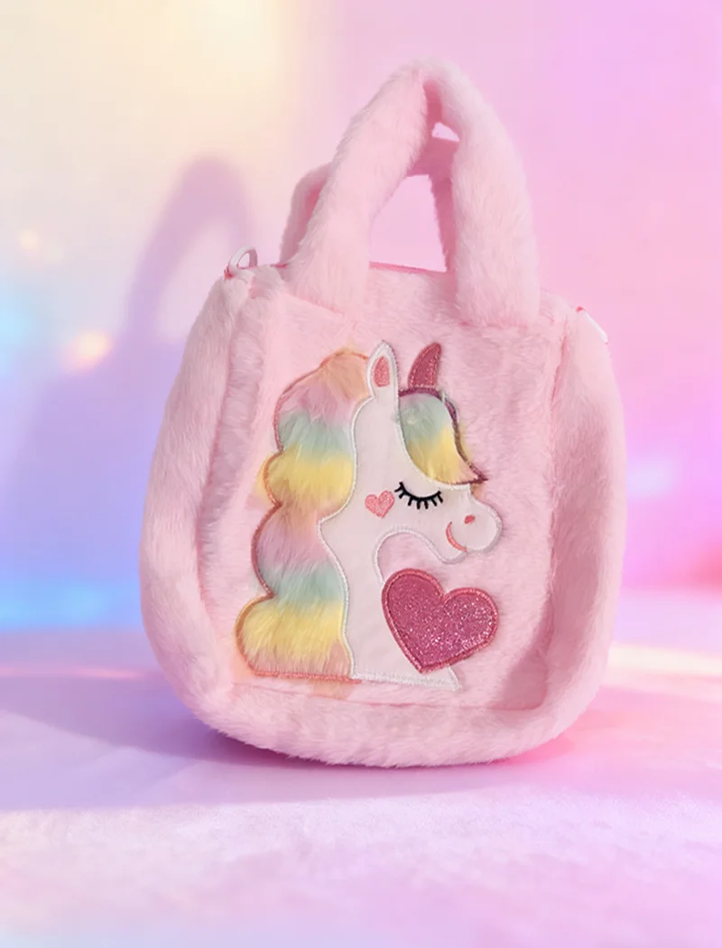 Girls Tie-dye Plush Shoulder Bag Unicorn Embroidery Design Cute Children's Handbag