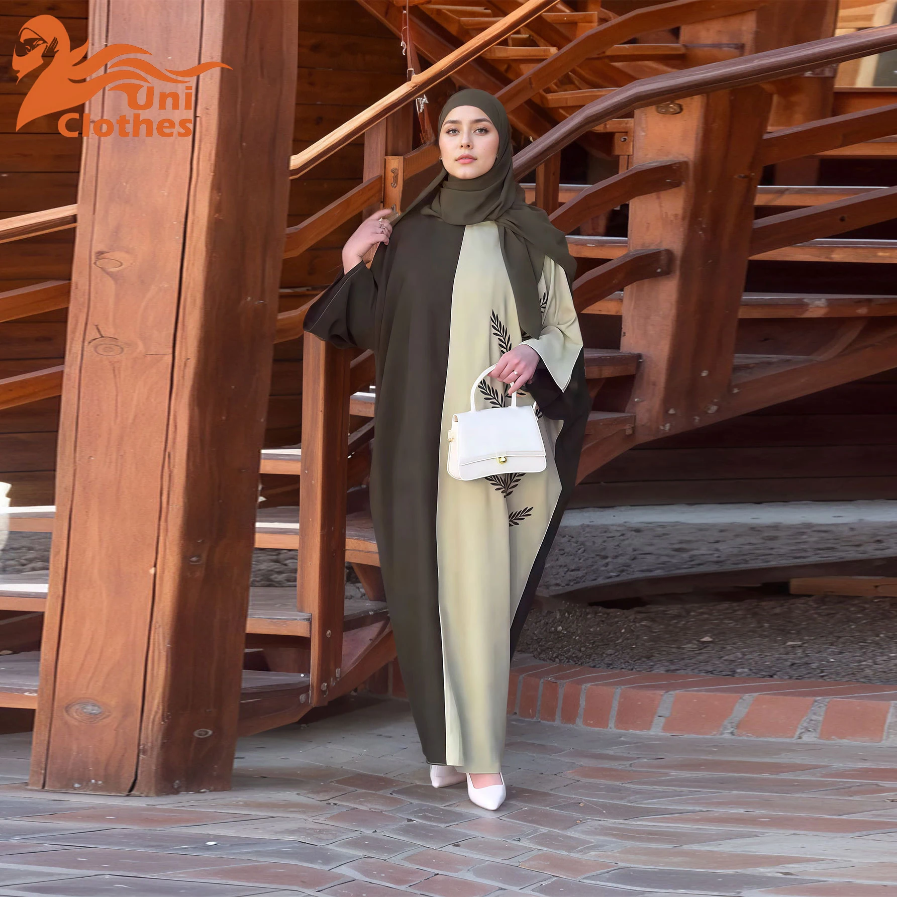 

UNI New Women's Muslim Abaya Two Tone Leaf Embroidery Stylish Modest UAE Saudi Arabia Qatar Middle East