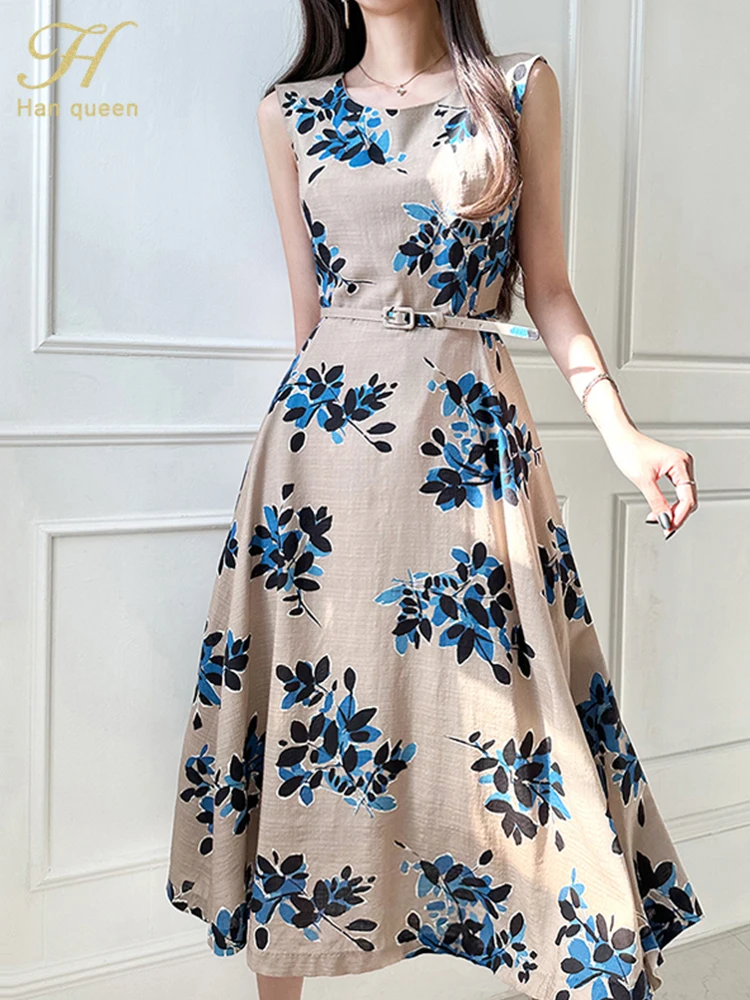 H Han Queen Summer Dresses Korean Vintage Prints Vestidos Elegant Slim Office Party Casual Midi Dress Woman Clothing With Belt