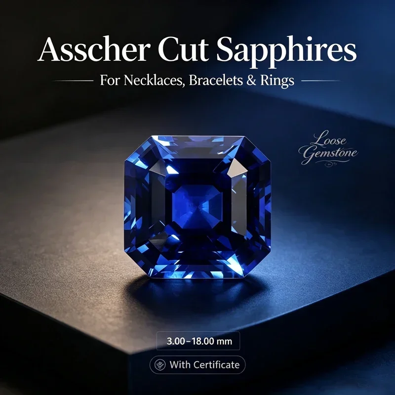 Asscher Cut Certified Lab Created Royal Blue Sapphire Loose Stone Premium Faceted Gem for Custom Earrings Necklaces and Bracelet