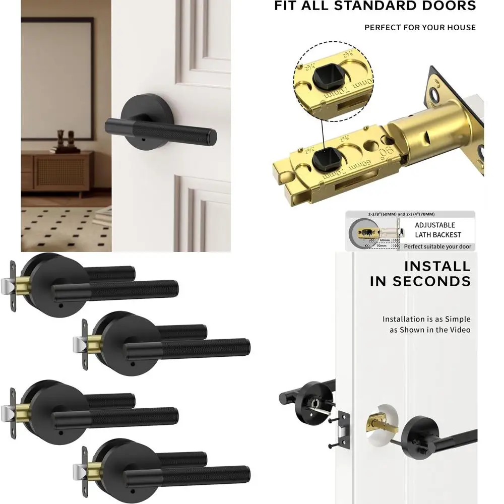 

Набор из 4 матовых черных дверных ручек с функцией приватности и реверсивным ключевым замком для использования внутри помещений, в спальнях и ванных комнатах