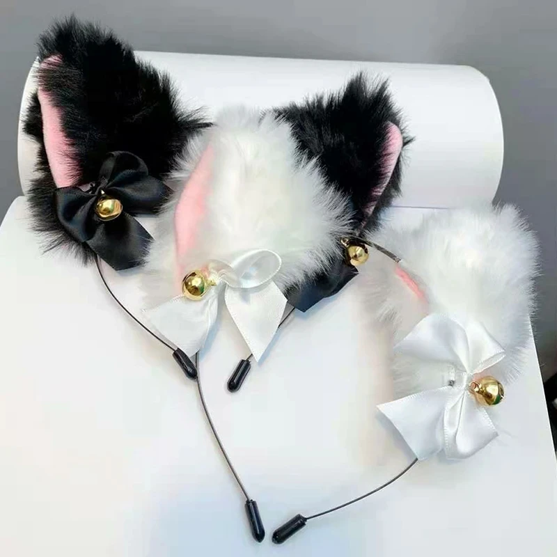 2Pcs Sexy Cat Ears Women Plush Bell Headband with Bell Heart Neckchain Cosplay Masquerade-Party Costume Hair Accessories