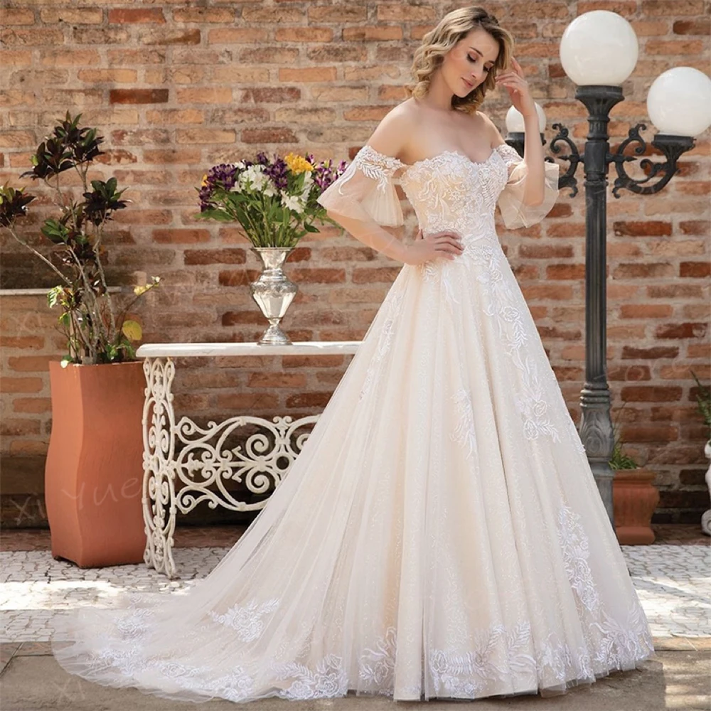 

Exquisite A Line Women's Wedding Dresses Graceful Appliques Lace Off The Shoulder Bride Gowns Sweetheart Vestidos Novias Boda