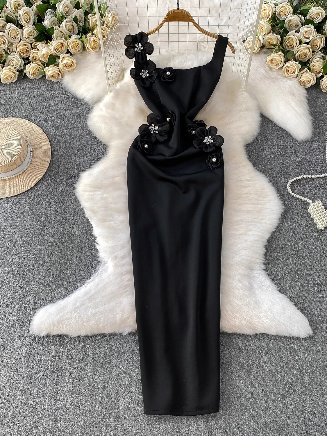 Abito da festa con perline da donna primavera estate elegante colletto quadrato fiore 3D vita alta maxi abiti femminili abito rosso/rosa/bianco