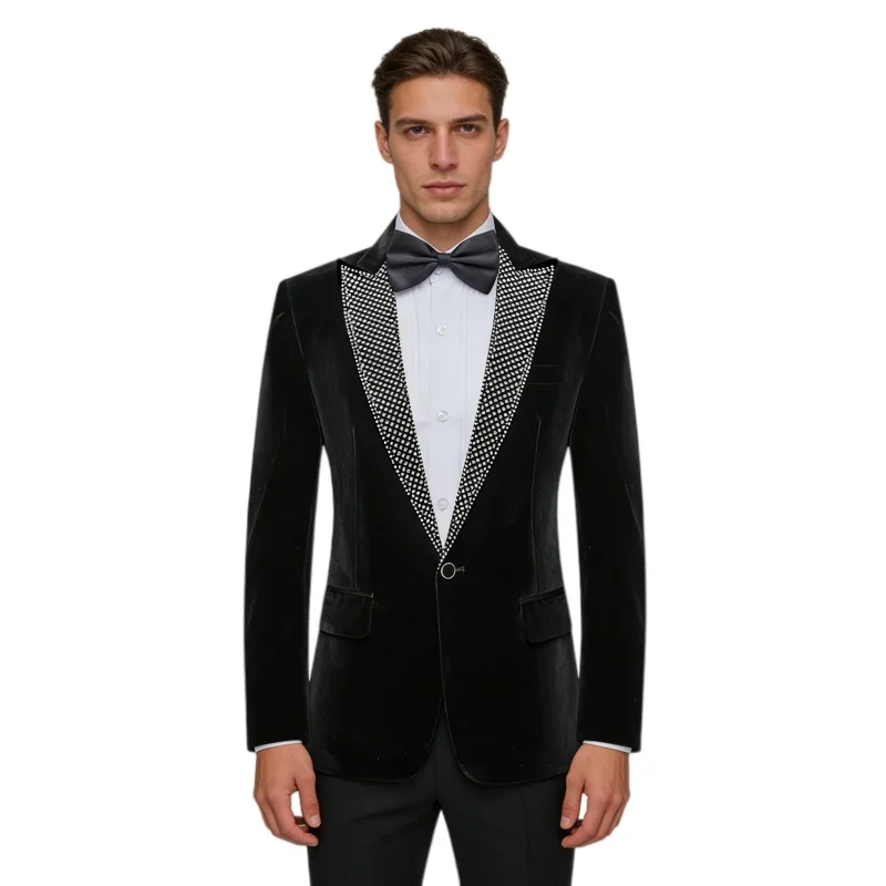 

Men Luxury Silver Black Rhinestones Velvet Blazer Tuxedo Costume Lapel Collar Button Blazers Wedding Banquet Suit Jackets