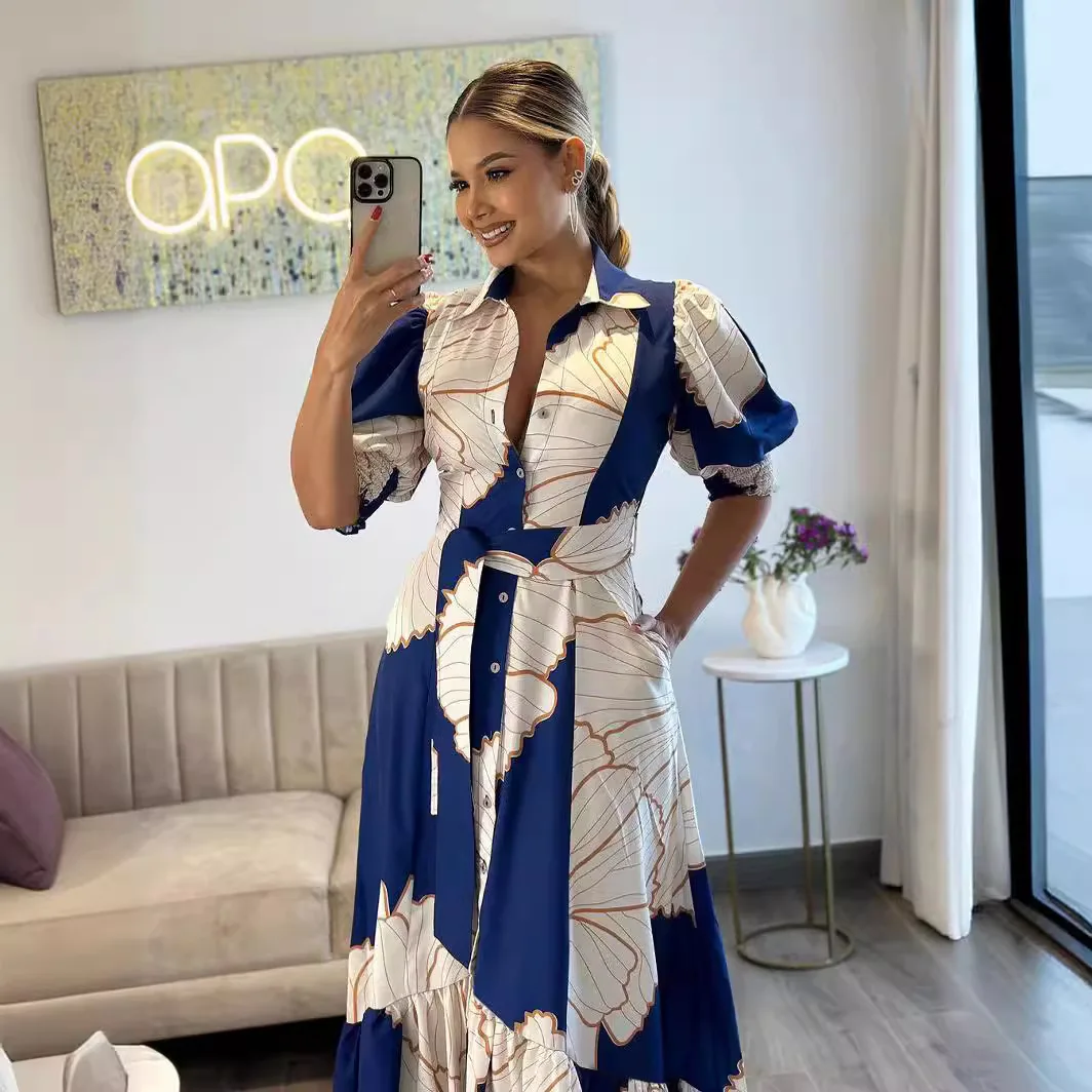 2025 verão feminino nova camisa retro impresso botão lapela único quebrar plissado hem saia feminina estilo de acampamento ao ar livre vestido solto