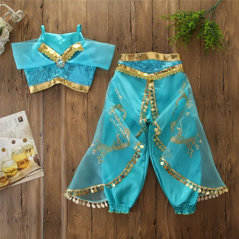 Aladdin Jasmine Thailand Style Baby Girls Kid Garment Fancy Princess Shirt Vest Tops+Bell Bottoms Pants Party Costume 3-8Years