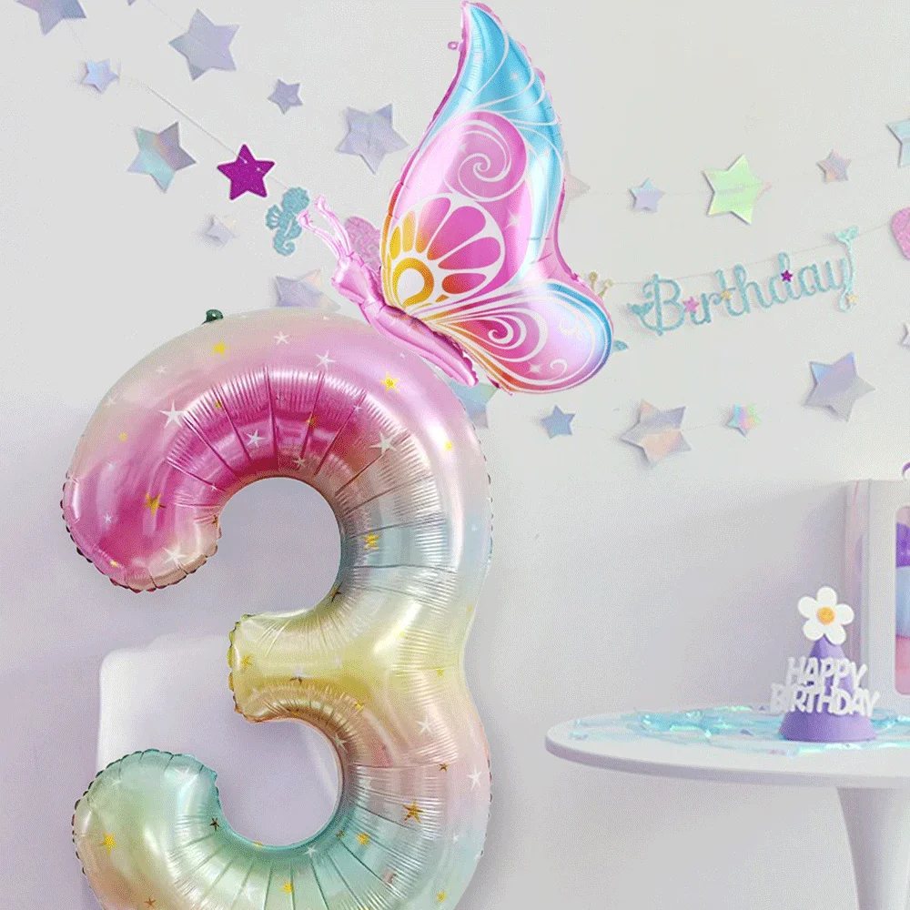 40Inch Colorful Gradient Number Balloon 0-9 Digit Foil Helium Balloon Butterfly Girl Birthday Party Decor Baby Shower Kids Gifts