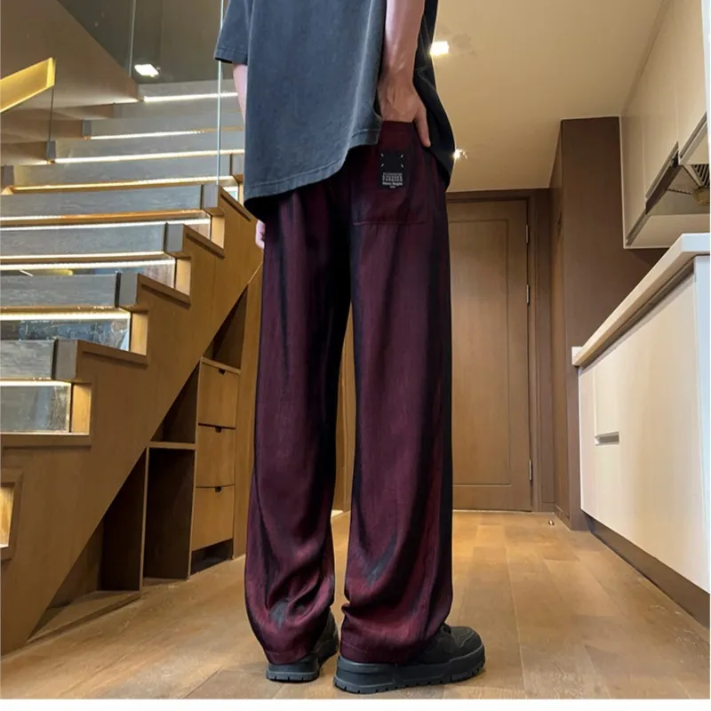 Summer Ice Silk Casual pants men Straight Pants Plus Size Men's Thin trousers Men Loose Comfortable Wide Leg Pants Wine Red