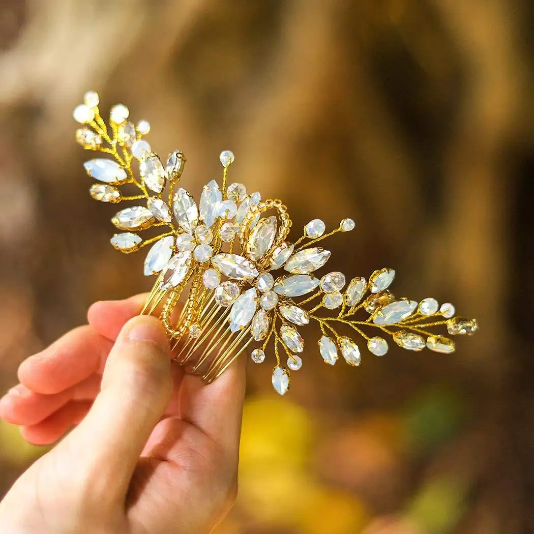 Luxury Bridal Leaf Hair Combs Rhinestone Hair Accessories for Women New Flower Crystal Princess Traia Headpiece Wedding Jewelry