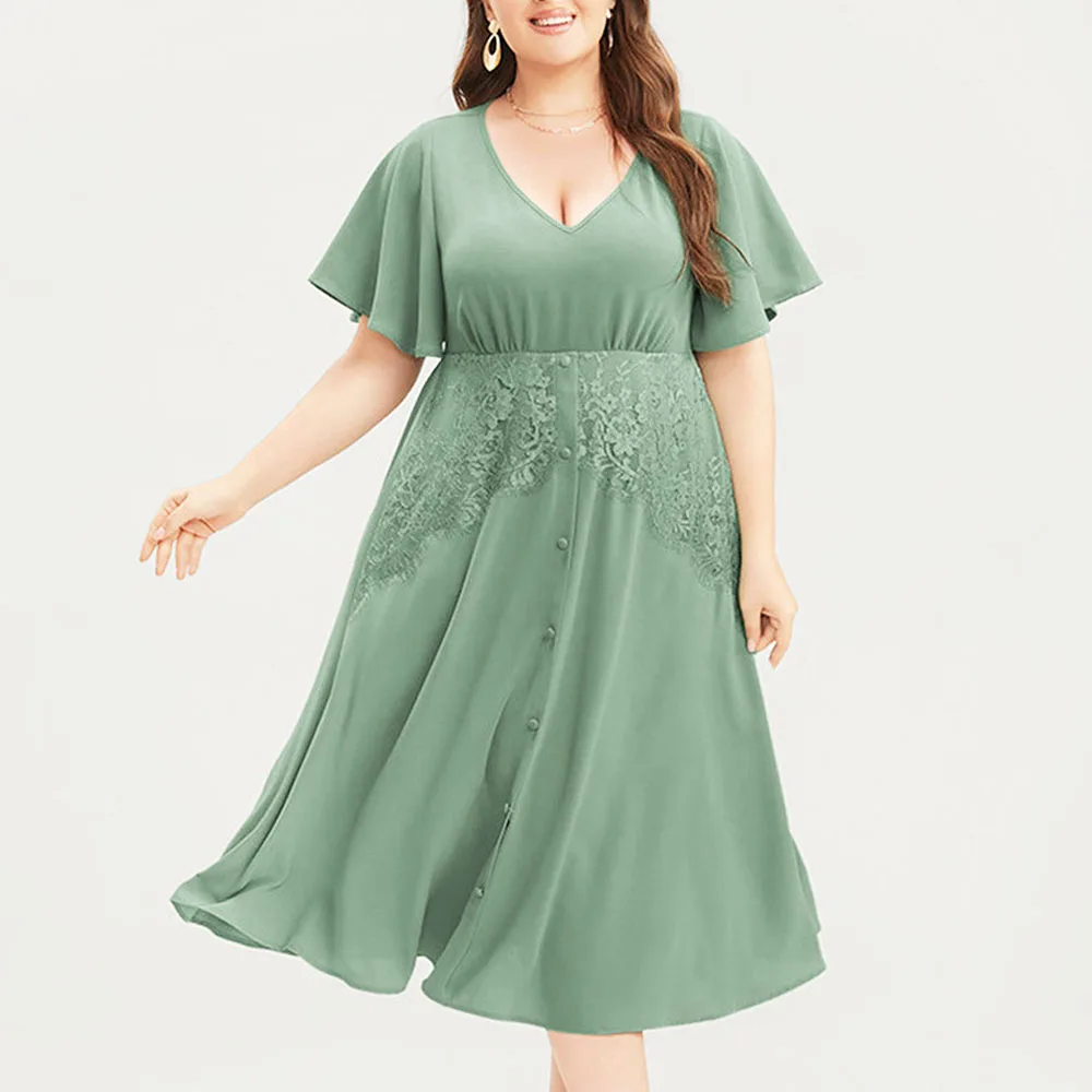 Elegant Lace Plus Size Long Dress Wome 2023 Casual Losse A-line Kintted Maxi Dress Sexy V-neck Evening Dresses Big Size Clothing