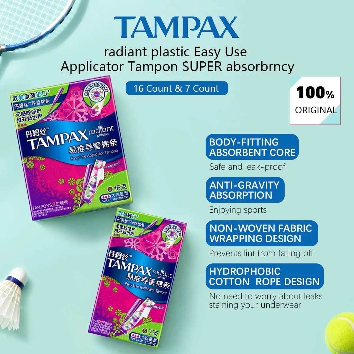 Tampax Radiant Plastic Easy Use Applicator Tampon SUPER Absorbrncy 16&7 Count,Soft Cotton,Smooth Insert,Glide Applicator