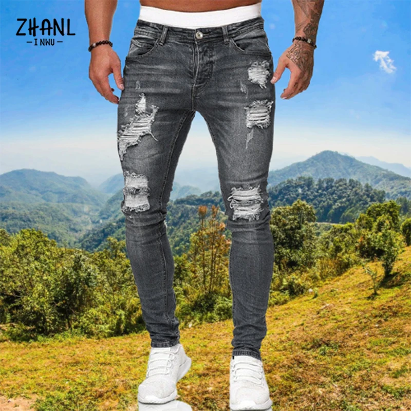 Men\'s Fashion Ripped Jeans Streetwear Mens Black Jeans Slim Fit Hip Hop Skinny Pants High Quality Denim Clothing Casual Trousers