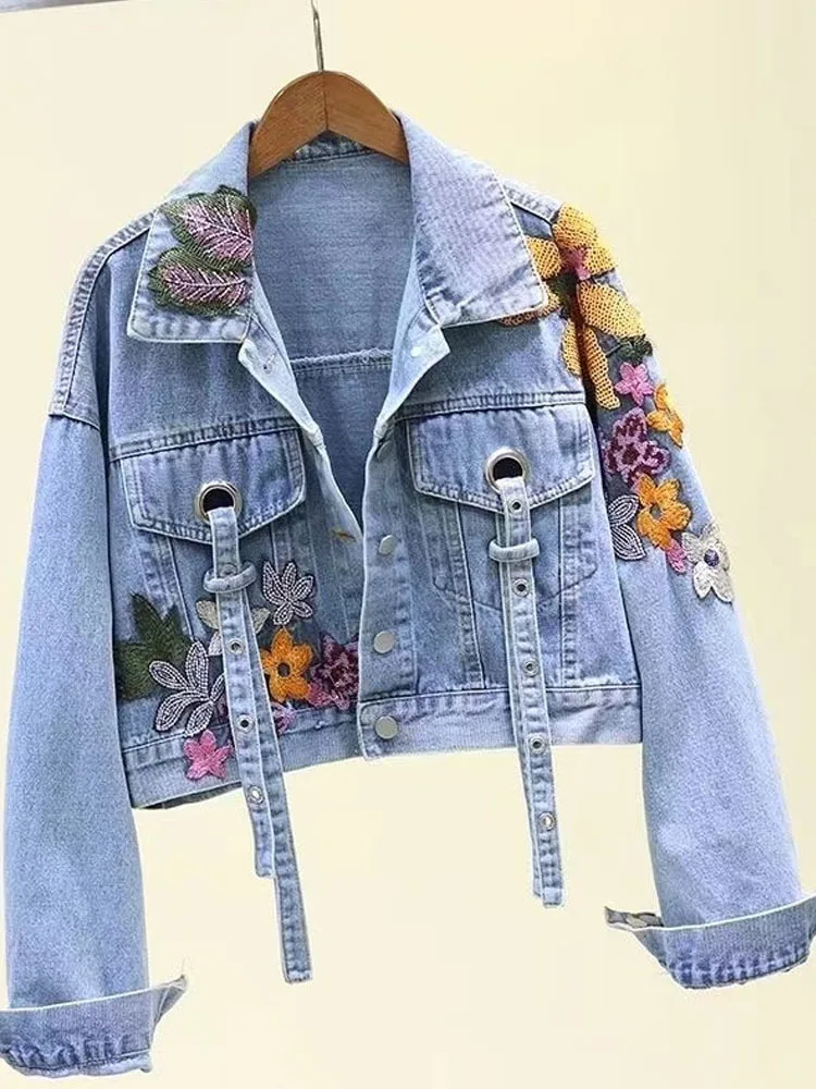 Sequin Flower Embroidered Denim Jacket Women\'s Autumn Slim And Versatile Jacket Women\'s Denim Jacket Traf 2024 Jeans Jacket