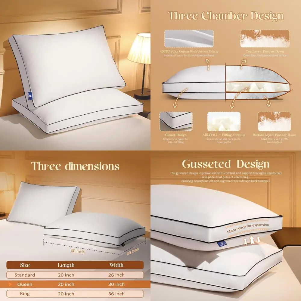 

Luxury Queen Size Feather Down Pillow Set of 2 with Gusset, Premium Hotel Style Pillows