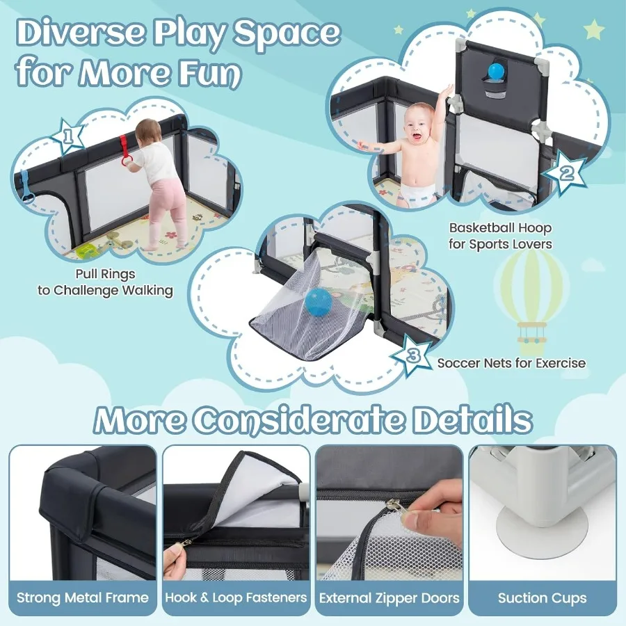 คอกกั้นเด็ก 74 x 62 ซม. ขนาดใหญ่พิเศษ พร้อมแผ่นรองคลาน 50 ลูกบอลทะเล 4 ห่วงบอลพองลม ห่วงบาสเก็ตบอล และลูกฟุตบอล 2 ลูก