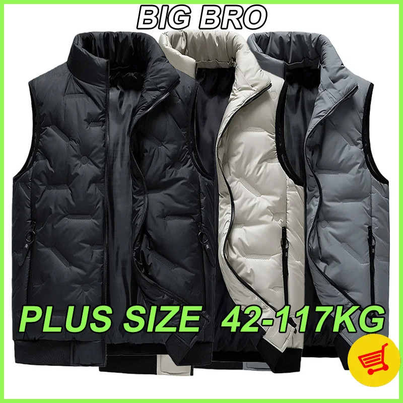 

8XL Men's Sleeveless Vests Winter Plus Velvet Thick Warm Jacket Large Size Fashion Stand-up Collar Solid Color Casual Down Vests