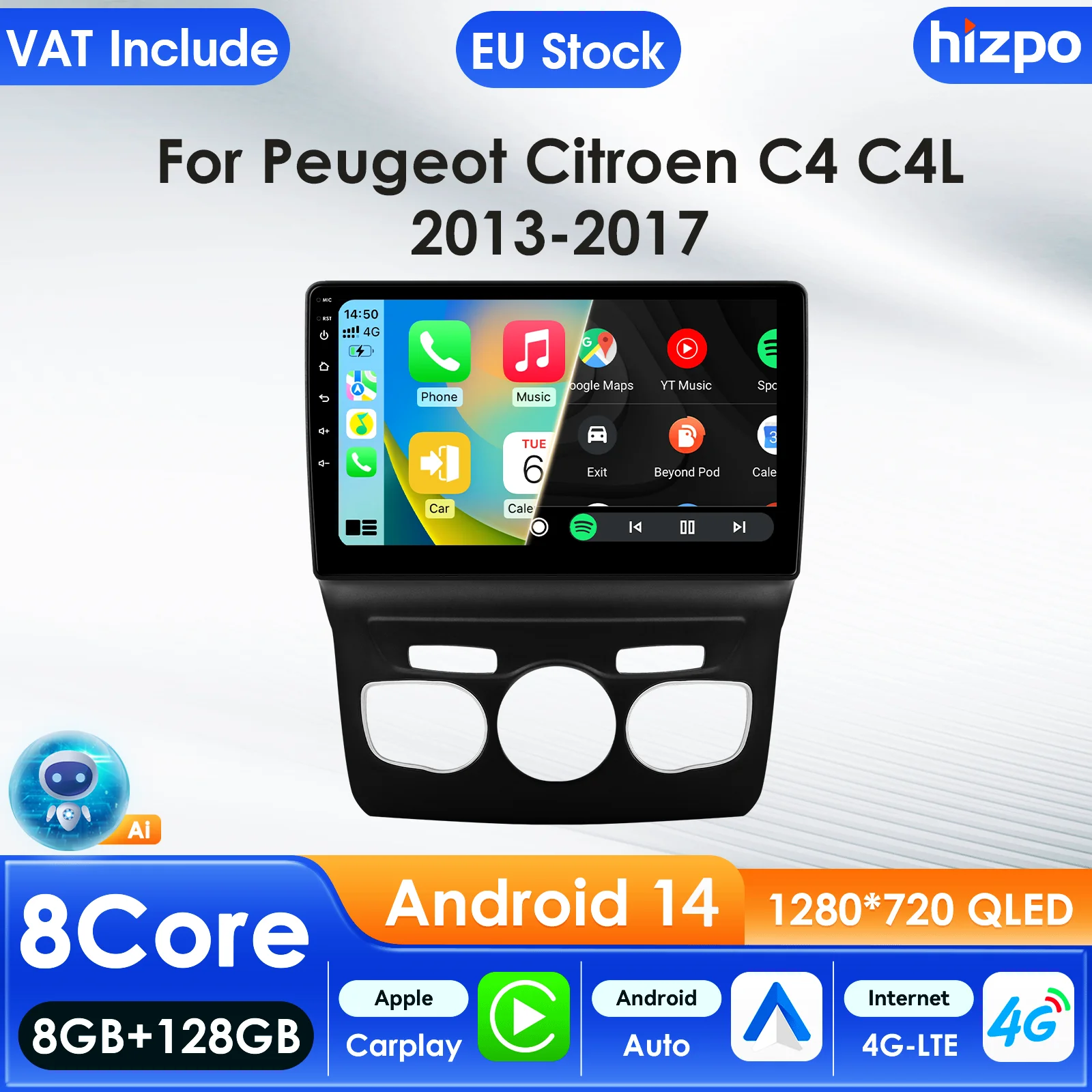 Hizpo 10.1 ''أندرويد 14 مشغل وسائط متعددة للسيارة لسيتروين C4 C4L 2013-2017 Carplay GPS 4G AI شاشة ذكية Autoradio 360CAM
