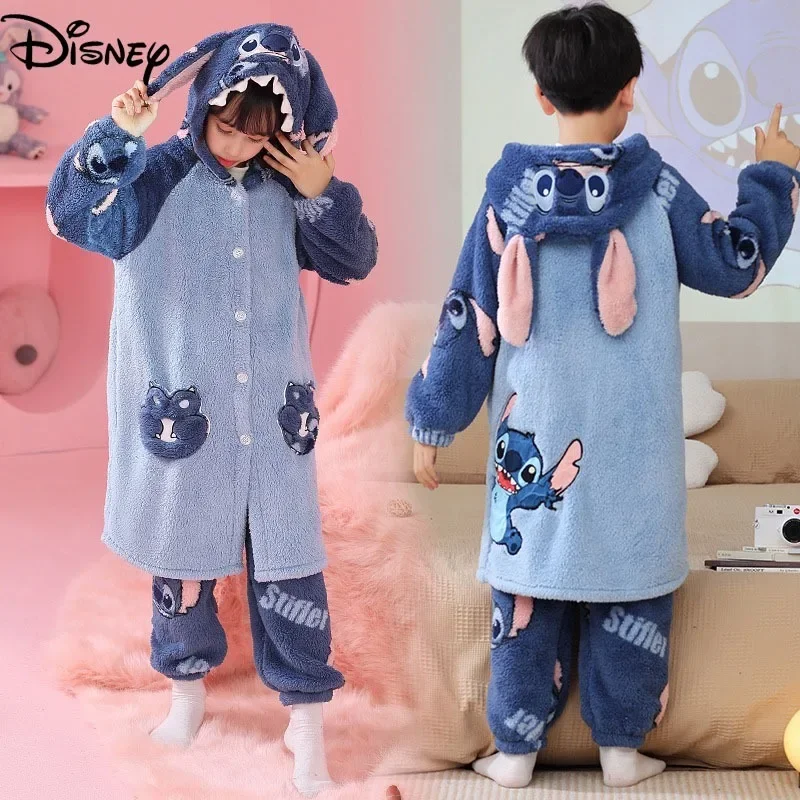 Disney Stitch Children\'s Pajamas Girls Winter Girl Set Loungewear Pajama Sets Child Sleepwear Robe Clothing Mother Kids