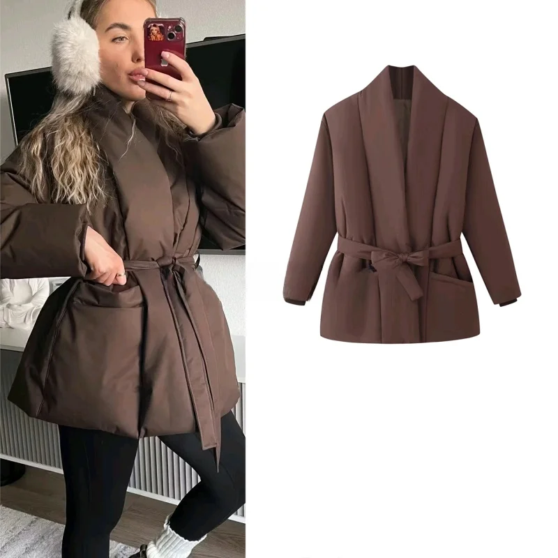

Winter New Women's Slim Fit V-Ne Long Sve Pure Color Knot Loose Warm Cotton Jaet Outerwear Commute Sle