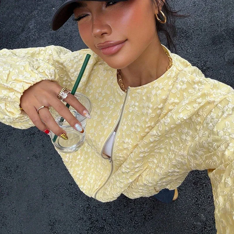 秋のファッション O ネックジャカードジャケット冬エレガントなハイトストリートルーズショートコート女性のカジュアル長袖ジッパーカーディガン