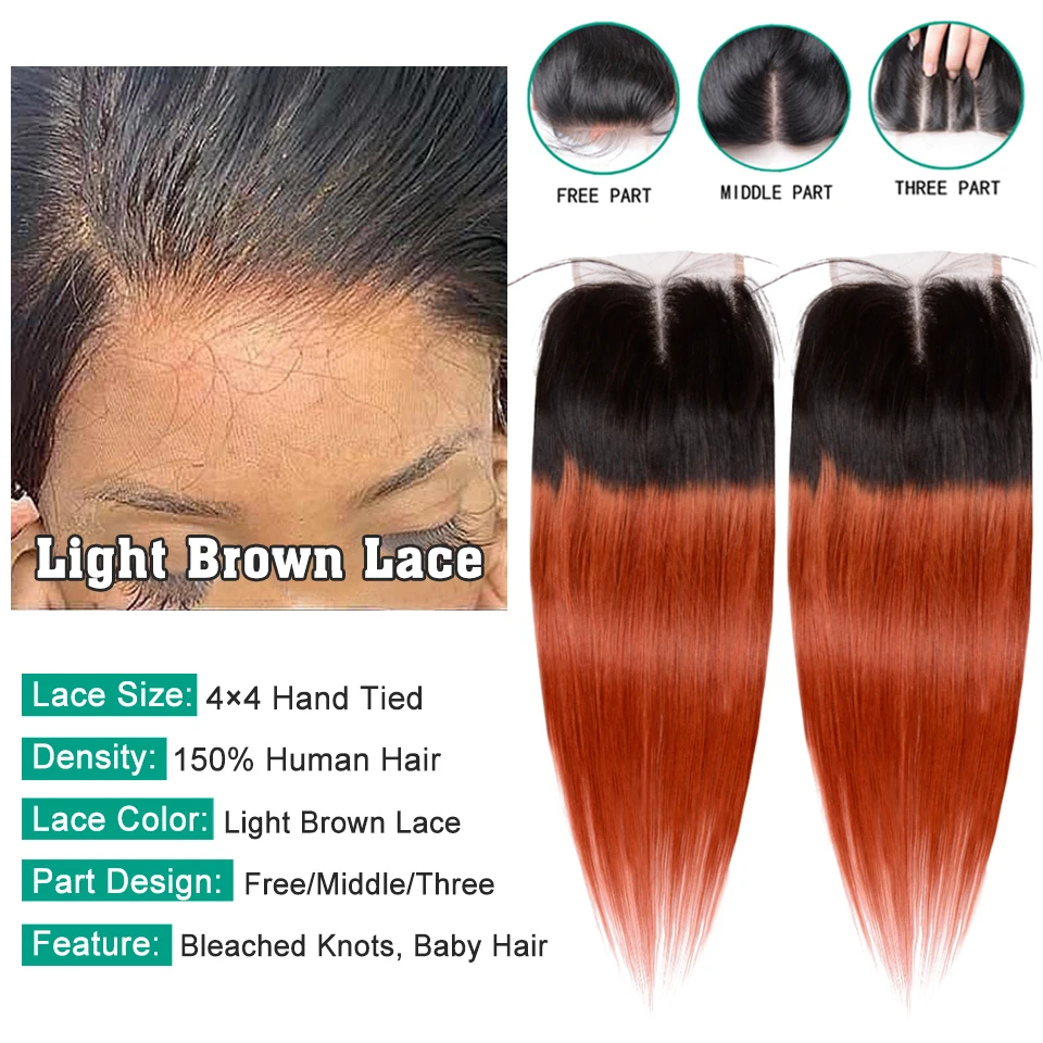 Sexay 1B Orange Lace Closure With Baby Hair 100% Straight Human Hair 2 Tone Ombre Orange Color 4x4 Lace Closures Pre Plucked