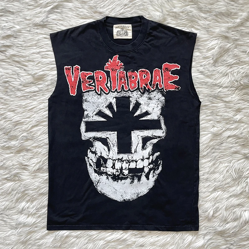Vertabrae Shepherd Tank Cross Skeleton Print Unisex Pure Cotton Casual Sport Half Sleeve Vest Youth Summer Fashion round Neck